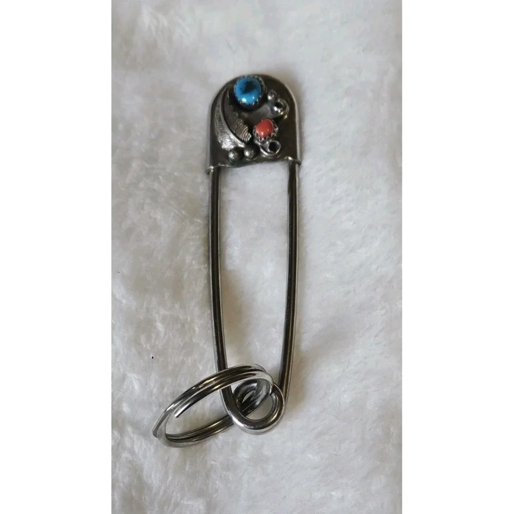 Vtg Large Safety Pin Keychain Coral And Turquoise Inlaid Stones 3
